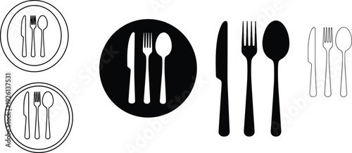 Set of restaurant cutlery icons including knife fork and spoon in various styles such as circular buttons solid black silhouettes and linear outlines isolated on white