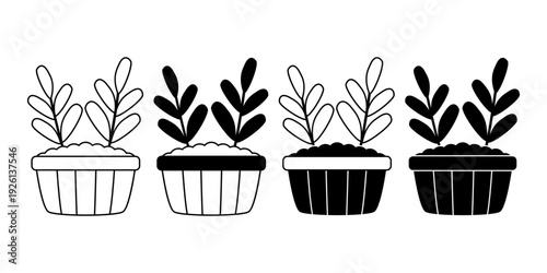 Potted Plant Silhouette Collection in Black and White Indoor Garden Style