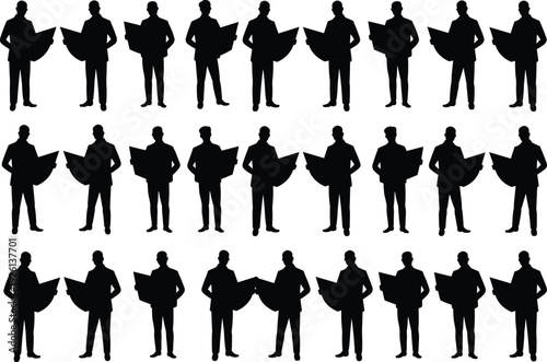 Human silhouettes reading newspaper, media consumption illustration, information dissemination art, repetitive posture design, communication concept, uniformity representation