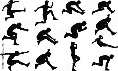 Silhouette Collection Of People In Dynamic Parkour And Gymnastic Poses On White Background gymnastics