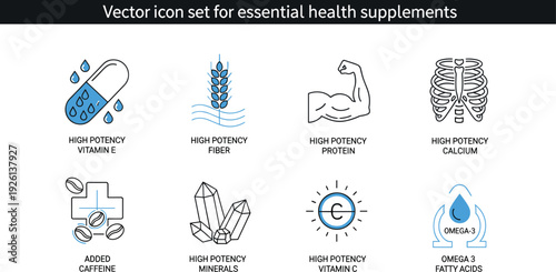 Essential Health Supplements Icon Set Featuring High Potency Vitamins, Protein, Calcium, Fiber, Minerals, Omega 3 Fatty Acids, and Added Caffeine