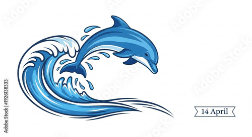 Dolphin jumping out of ocean wave with blue water splashes on white background symbolizing freedom and joy on 14 april