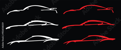 Modern Car Silhouette Collection in White and Red Line Art Variations