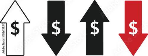 Set of upward and downward arrows with dollar currency symbols in black red and outline styles representing financial growth profit gain and economic loss.