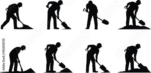 Manual Labor Silhouette Icons Set Featuring Shoveling Poses for Construction, Digging, and Physical Work Representation