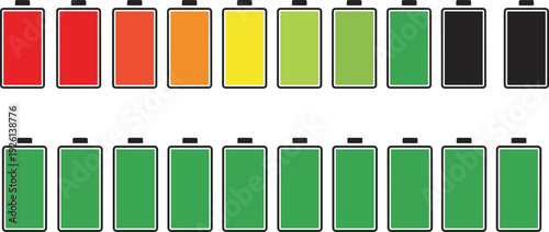 Vector collection of battery charge level icons including colorful status indicators from low red to full green isolated on white background for interface design and energy concepts