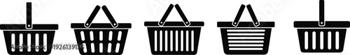 Vector collection of black shopping basket icons with different handle styles and wire patterns isolated on white background for retail e-commerce and grocery store design projects