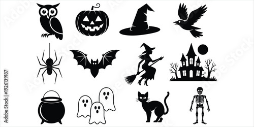 Halloween Icons Collection Including Owl Pumpkin Witch Hat Spider Bat Witch Castle Ghosts Cat Skeleton