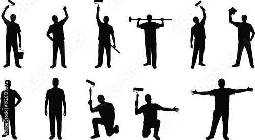 Painter silhouettes, paint roller poses, brush illustration, creative art concept, construction worker painting, abstract human figures, artistic design elements