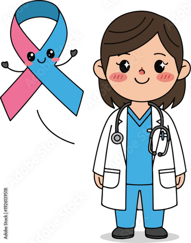 Cartoon female doctor with blue and pink ribbon for ovarian cancer awareness