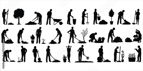 Gardening Silhouettes of People Working with Tools and Plants untitled