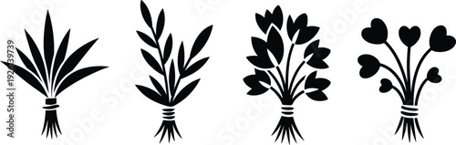 Four black silhouette bouquets of herbs and plants tied with string leaves