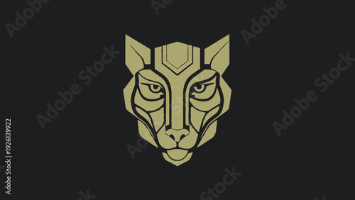 Geometric Golden Panther Head Emblem on Black Background.