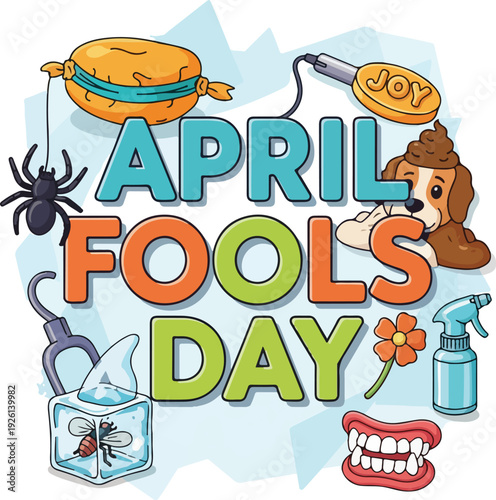 April Fools Day colorful cartoon graphic with prank items