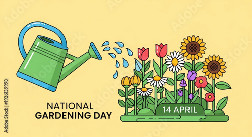 National gardening day illustration with watering can and colorful flowers on april 14th