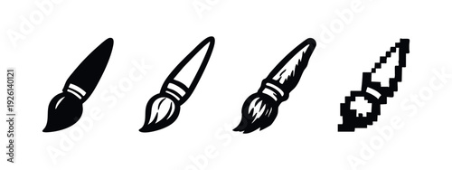 Set of paint brush icons, featuring solid, outline, and pixel art styles for design elements.