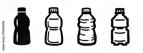 Set of hand-drawn plastic water bottle icons in diverse styles, black and white doodle vector illustration