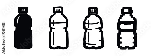 Collection of hand-drawn plastic water bottle icons with varied styles, including pixel art, vector illustration