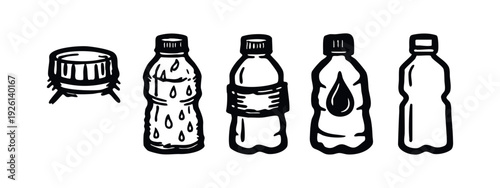 Hand-drawn water bottle and cap icons with different designs, black and white doodle style set