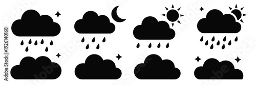 Minimalist white clouds collection set of cartoon clouds, seamless illustration with fluffy clouds on light blue background, cloud icons in various shapes, minimal flat weather cloud symbols