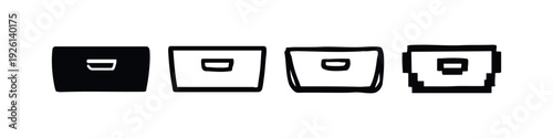 Hand-drawn office storage item icons, front view, in various styles including pixel art, black and white vector