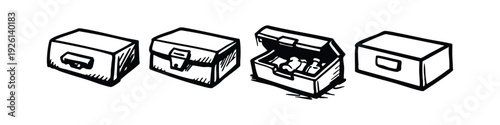 Collection of hand-drawn storage box icons in different styles, including open box with contents, vector