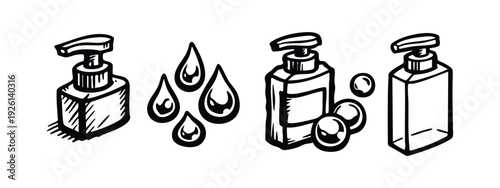 Hygiene and Washing Icon Set with Pump Bottle, Water Drops, and Soap Bubbles