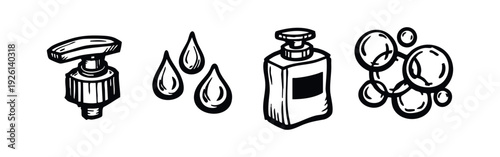 Hygiene Elements Icon Set with Pump Mechanism, Water Drops, and Soap Bubbles