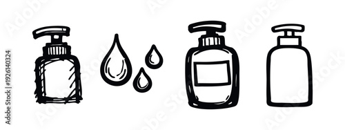Hand Drawn Hygiene Icon Set with Pump Bottle, Water Drops, and Bottle Designs