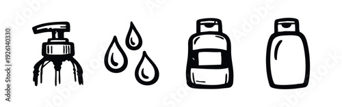 Washing and Hygiene Icon Set with Faucet, Water Drops, and Flip-Top Bottle