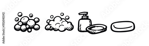 Hand-drawn soap and bubbles icon set. Sketchy liquid soap dispenser, bar soap, and foam doodles.
