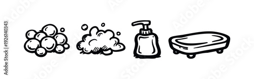 Hand-drawn bath and hygiene icon set. Sketchy liquid soap, bar soap, foam, and bubbles doodles.