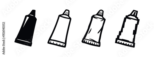 Hand-drawn cosmetic or toothpaste tube icon set. Sketchy, outline, textured, and pixel art tube doodles.