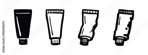 Hand-drawn cosmetic or hygiene tube icon set. Sketchy, outline, and textured packaging tube doodles.
