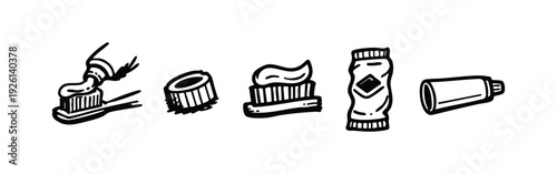 Hand Drawn Toothpaste and Toothbrush Icons Set for Dental Hygiene and Oral Care