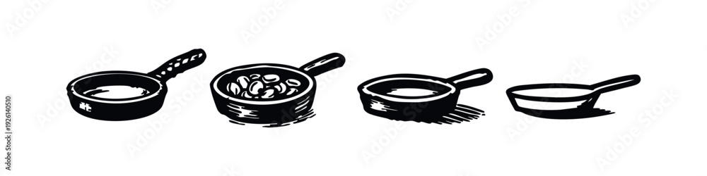Fototapeta premium Hand-drawn set of measuring cups and scoops, some containing beans or liquid, for culinary and ingredient themes.