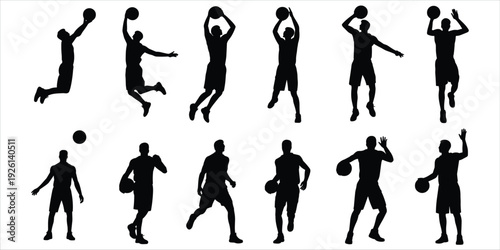Collection of twelve black silhouette basketball players in action poses sport