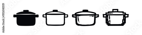 Set of cooking pots or containers in different artistic styles: solid, outline, hand-drawn, and pixel art.