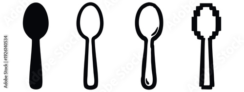Set of spoon icons in a range of styles: solid, outline, hand-drawn, and pixel art, for kitchen or culinary design.