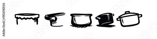 Abstract hand-drawn set of various containers and kitchenware elements in black and white doodle style.