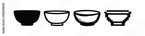 Vector illustration of stylized cups or containers in four distinct styles: solid, thin line, grunge, and pixelated.
