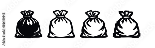 Collection of four detailed trash bag icons with folds, in various artistic styles for waste management concepts.