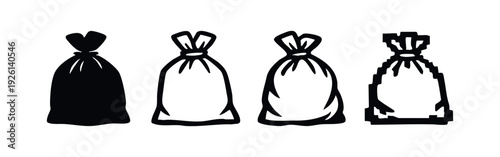 Set of four black and white garbage bag icons in different styles, representing waste and disposal.