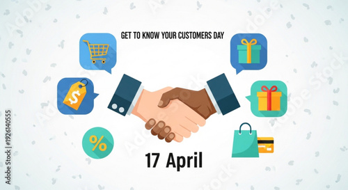 Handshake between two people with business icons on get to know your customers day april 17