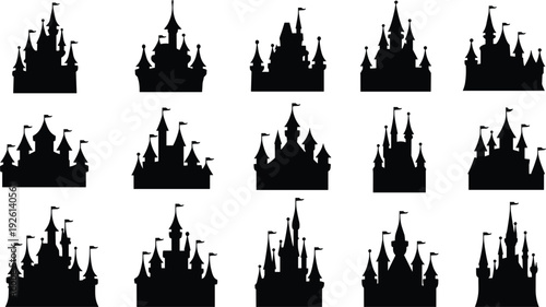 Collection of fifteen black silhouette fairytale castle icons with flags fantasy