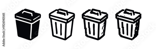Four isometric trash can icons in diverse styles, presenting a 3D perspective for disposal and system functions.