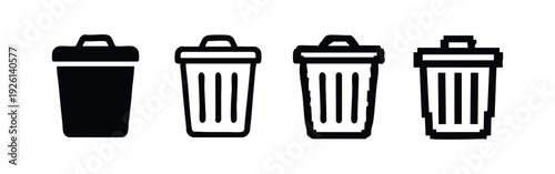 Collection of four trash can icons in different design styles for waste management and deletion concepts.