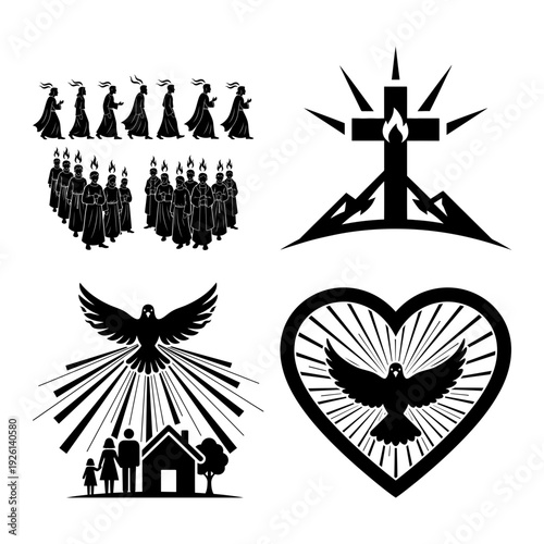 Worship revival icon bundle with preacher crowd cross flame and dove