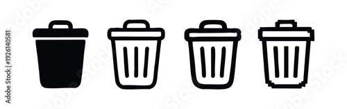 Trash Can Icon Set in Multiple Styles: Solid, Outline, Hand-Drawn, and Pixel Art for Digital Interfaces