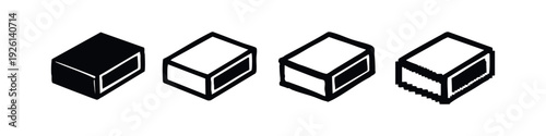 Isometric Box Icons with Side Detail in Solid, Outline, and Pixel Styles